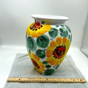 Sunflowers Italian Pottery Terracotta Hand-painted Vase 10” High-Made In Italy